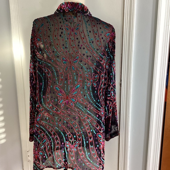 VINTAGE BOB MACKIE WEARABLE ART SZ LARGE BLOUSE TUNIC BURNOUT VELVET BUTTERFLY - Picture 4 of 8